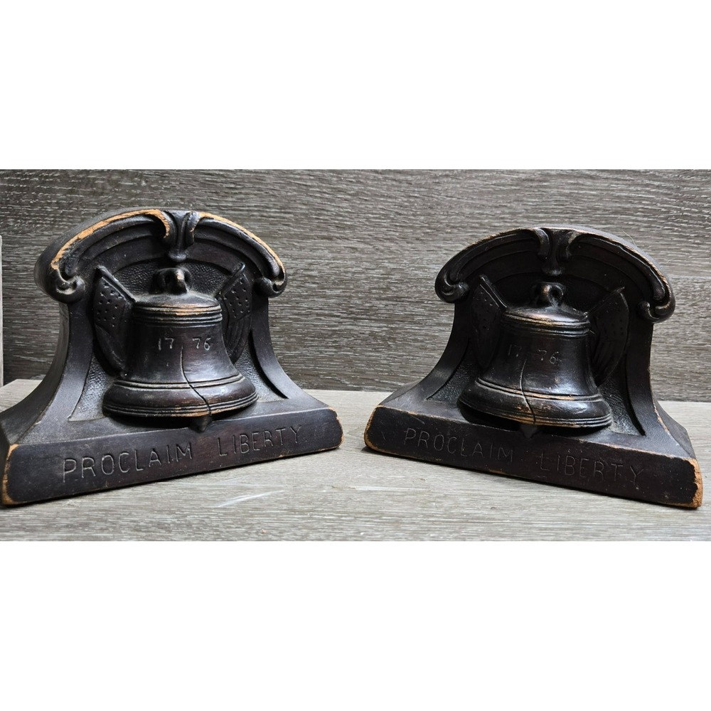 Vintage 1776 Bookends Pair Proclaim Liberty Bell Bicentennial Wood Shelf Decor